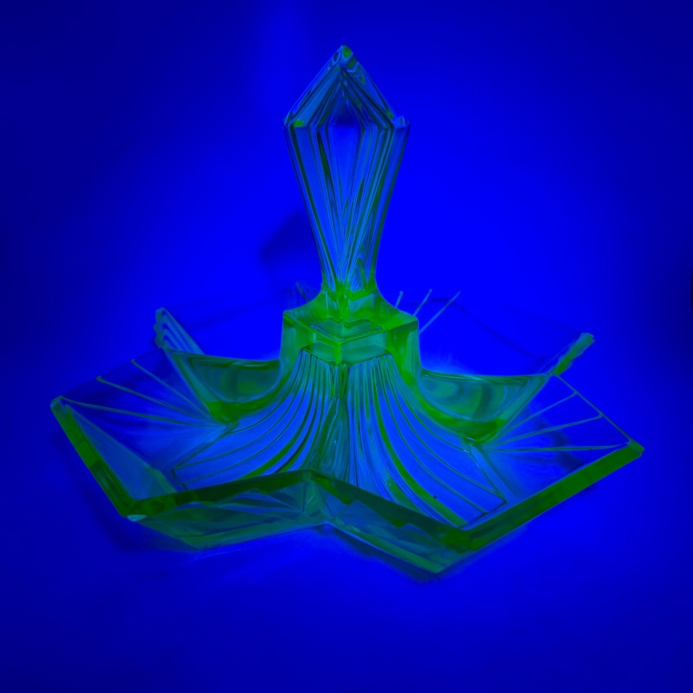 Vintage Uranium Glass Divided Candy Dish Art Deco Green Glow Tray Centerpiece